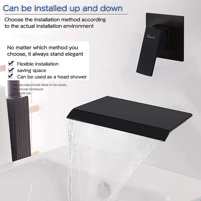 PHASAT Wall Mounted Waterfall Tub Faucet,Brass Waterfall Bathtub Faucet Tub Spout for Bathroom,High Flow Wall Mount Tub Filler Matte Black PTBB02E - Image 2